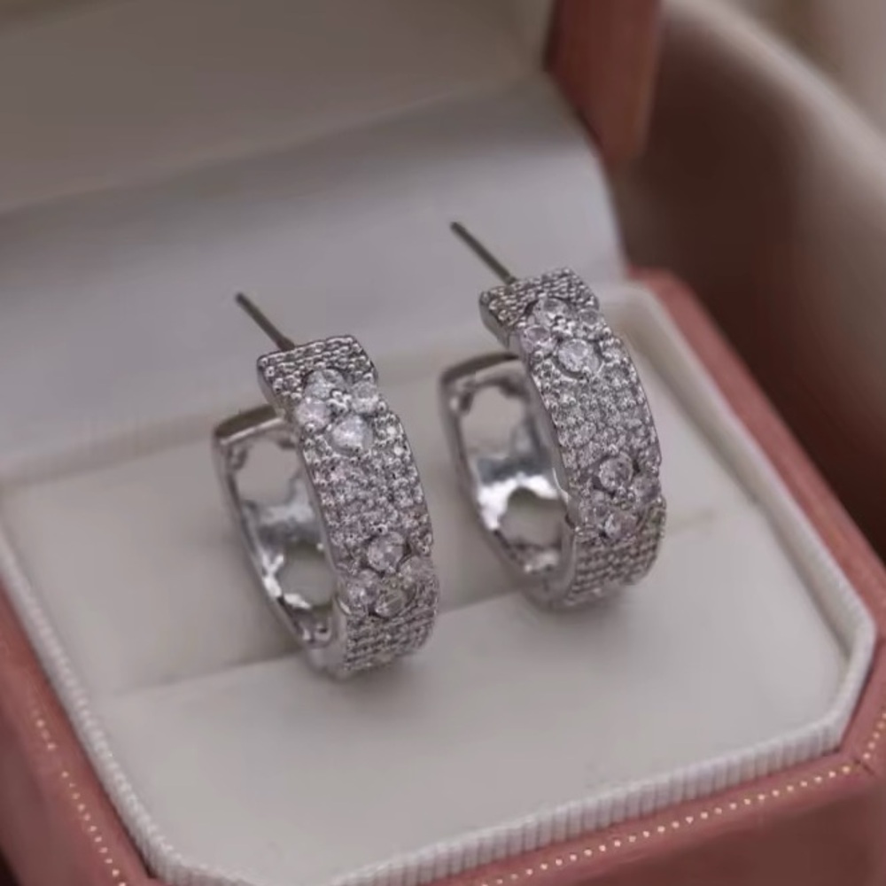 CZ SILVER FLORET HOOP EARRINGS - Picture 4 of 6